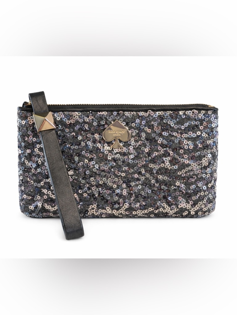 Kate Spade New York Luxe Sequin Wristlet Clutch Black Iridescent Gold Spade